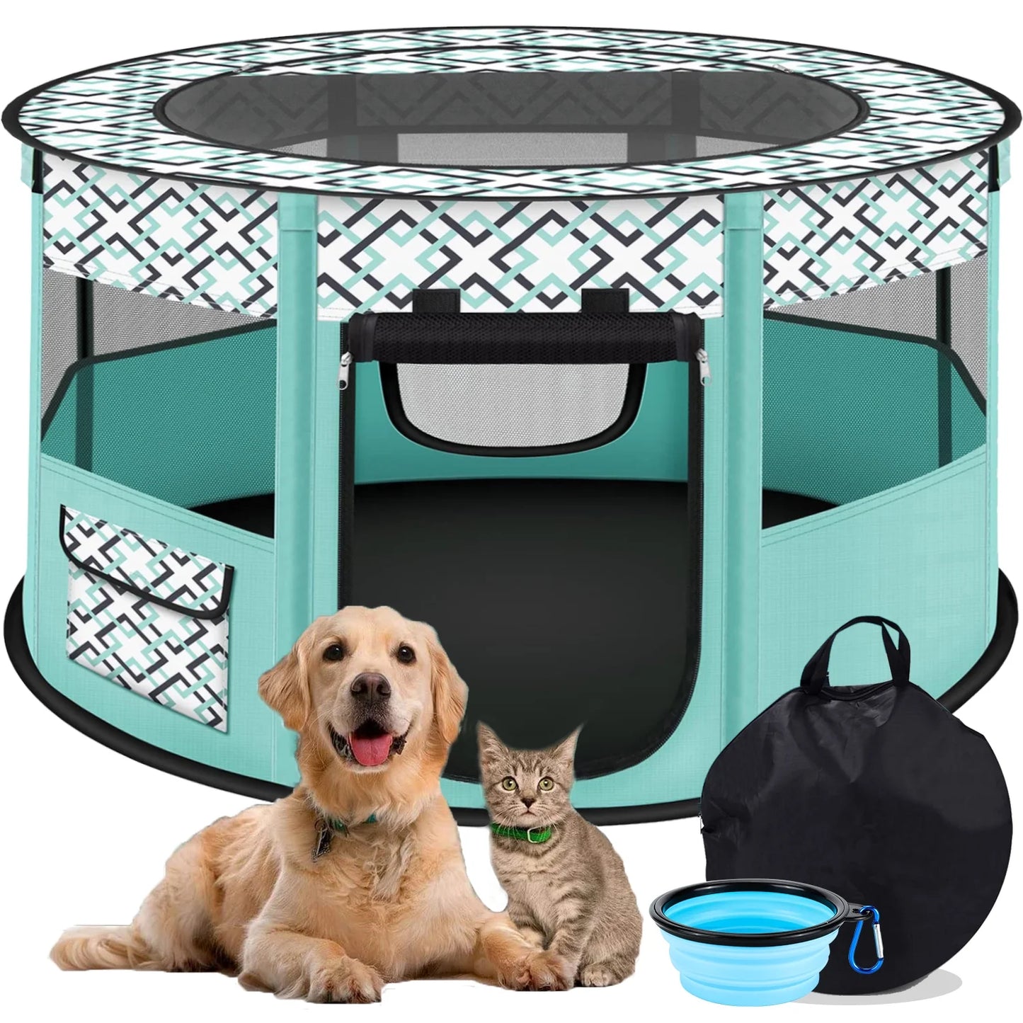 Large Pet Playpen, 44" Diameter 24" Height Dog Playpen, Heavy Duty Portable Exercise Pen Tent for Dog, Cat, Rabbit, Foldable Indoor Outdoor Travel Use, Come with Carrying Case