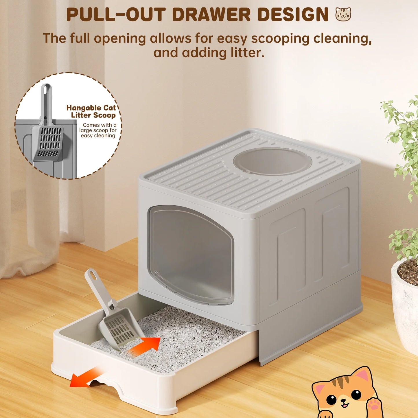 Foldable Cat Litter Box, Drawer Type Cat Litter Box with Litter Scoop